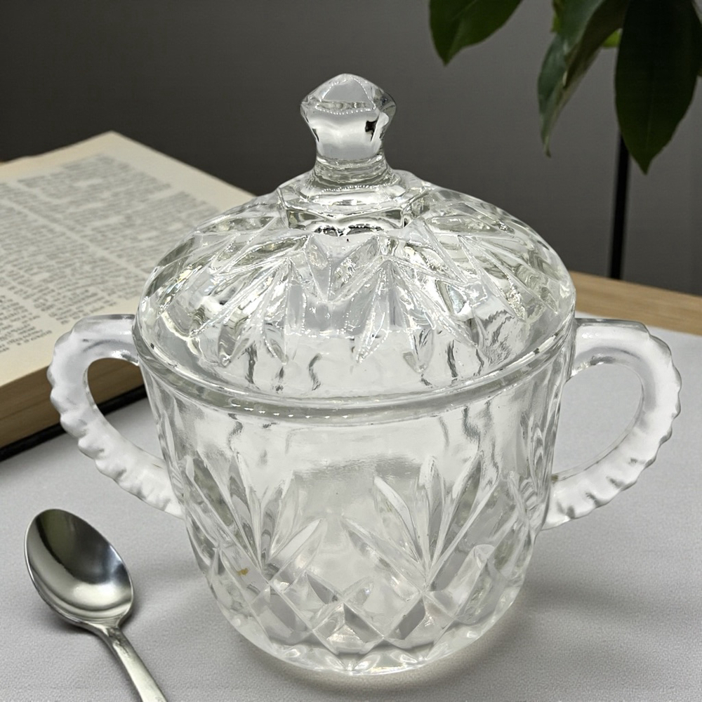 Vintage Pressed Glass Sugar Bowl with Lid Clear Diamond Cut Pattern 5”